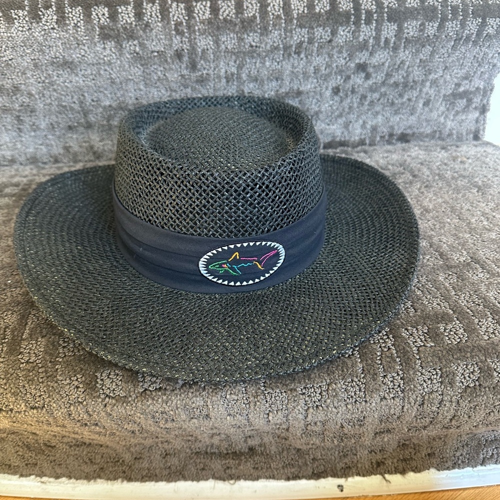 GREG NORMAN Collection STRAW Panama HAT Embroidered SHARK